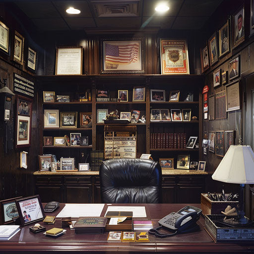 Sports agent's office with memorabilia and contracts