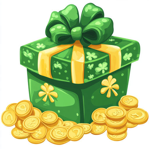 Gift box, gold coins, and vector design on white background