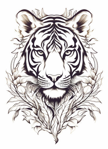 Tiger in leafy pattern, tattoo style, white background, gothic illustration