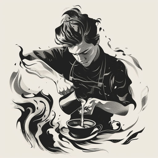 Contemporary tattoo sketch of a barista pouring coffee