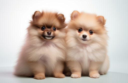 Two pomeranian puppies sitting on a white background, in light maroon and light emerald style