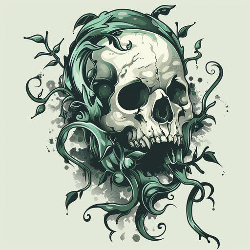 Eerie tattoo sketch with skull and crawling vines