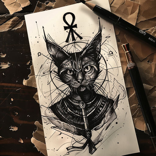 Bold and dark flat tattoo sketch with Bastet holding the Ankh, symbol of life