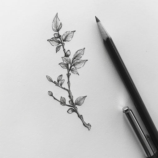 Flat tattoo sketch of a small branch with budding leaves inspired by nature