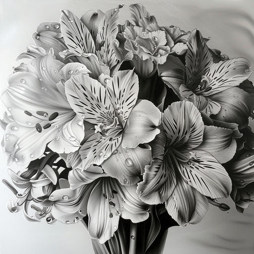 Hyper-realistic bouquet of flowers with dewdrops