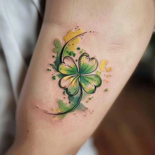 Ethereal flat tattoo sketch of a 4 leaf clover with watercolor effects