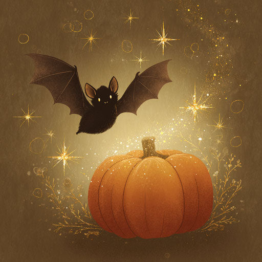 Smiling Bat Above a Magical Pumpkin Scene