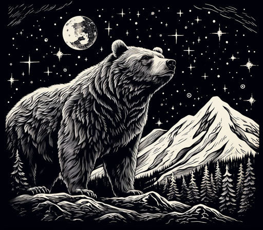 Black and white drawing of a bear in a night sky with stars and moons
