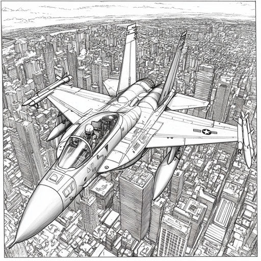 Fighter jet over a detailed urban skyline, realistic style