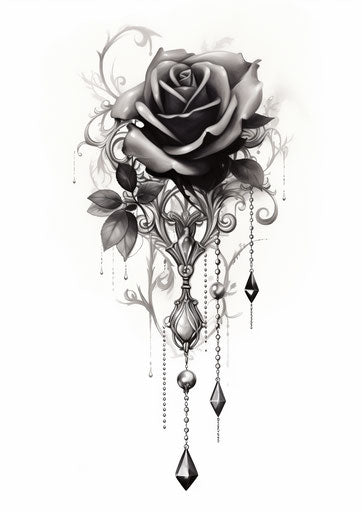 Black and white rose tattoo design, misty gothic style suspended, elaborate beadwork, tattoo-inspired, dark gray, gemstone, subtle detail