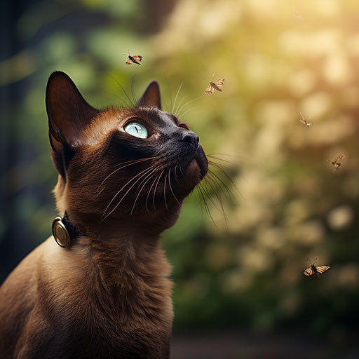 Burmese cat staring at an insect