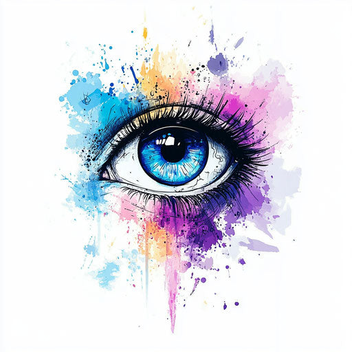 Eye tattoo on arm with watercolor splashes