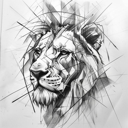 Cubist sketch of the Lion of Judah with fragmented shapes and multiple perspectives