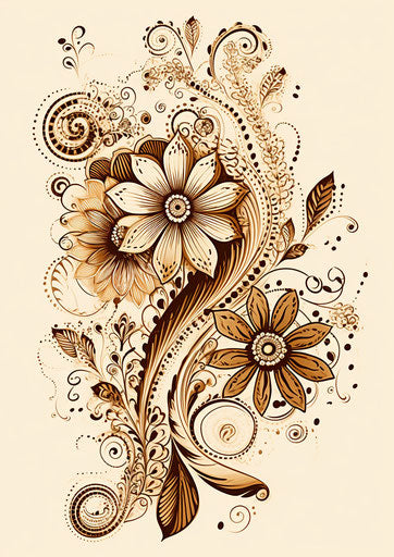 Indian henna design, floral explosions, sepia, absurd doodle, tattoo inspired, high resolution, shaped canvas, tattoo 91:128