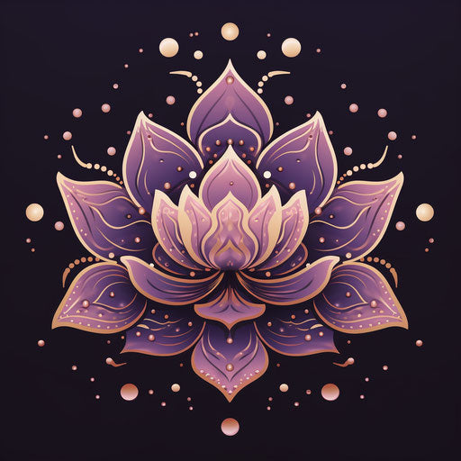 Purple lotus flower with dots, line drawing style, spiritual motifs
