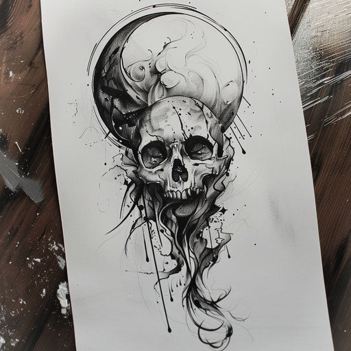 Flat tattoo sketch of full moon with skull
