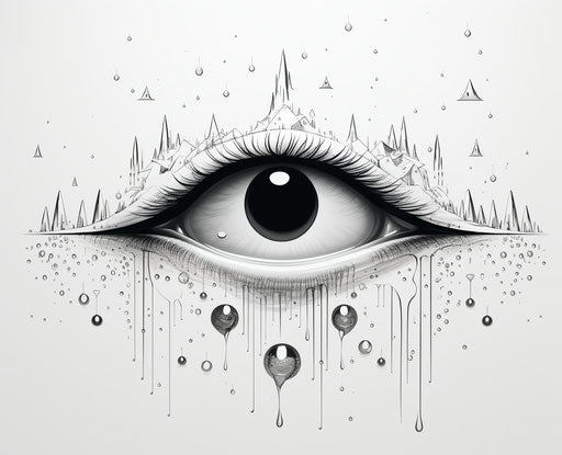 Eye line giving black and white illustration on white background, in the style of magical surrealism, light gold and dark azure, water drops, psychedelic surrealism:, lightbox, god rays 16:13