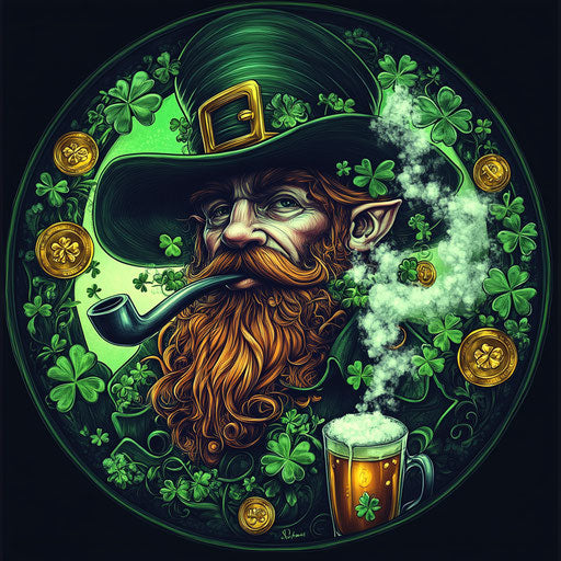 Irish celebration with pipe, shamrocks, and gold coins