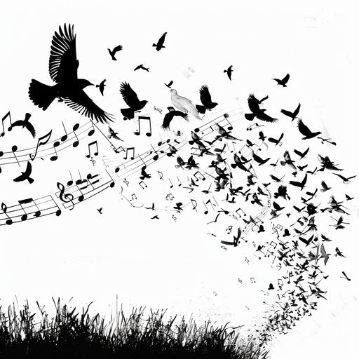 Musical notes transforming into birds in flight in a silhouette style against a white sky