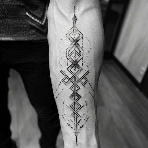 Ancient runes intertwined with geometric shapes in bold black and gray