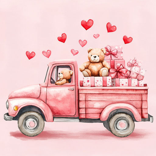 Pink truck full of Valentine's Day gifts and teddy bears