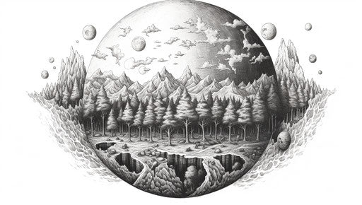 Earth in academic style, black and white, traditional craft