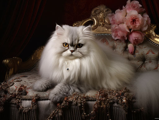 Male white Persian cat in silver style, feminine sensibilities
