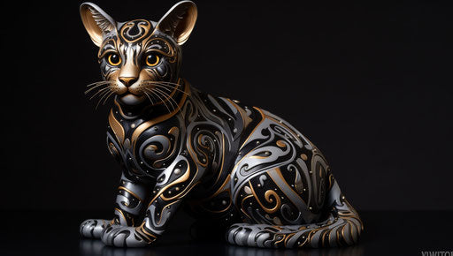 Bengal cat in dark tones, indigenous motifs, silver