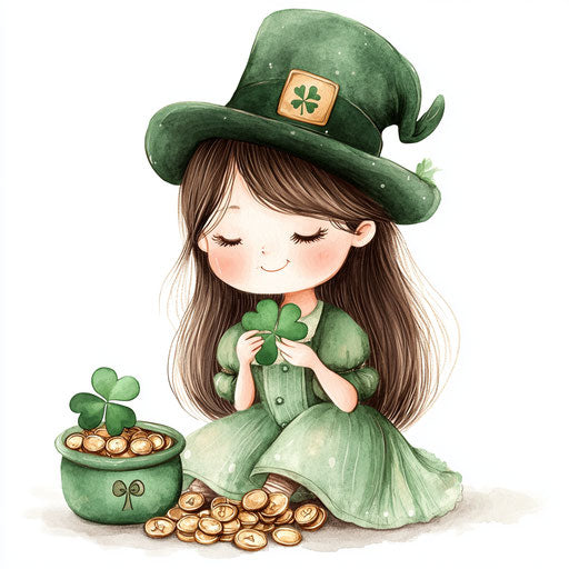 Cute girl in green with Irish hat and clover leaf
