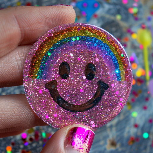 Pink glitter sticker with silver sparkle and rainbow smiley