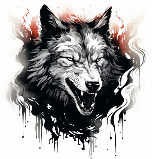 Black and white wolf howling, contour shading, bold outline