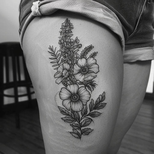 Wildflower tattoo stippling black grey shading details