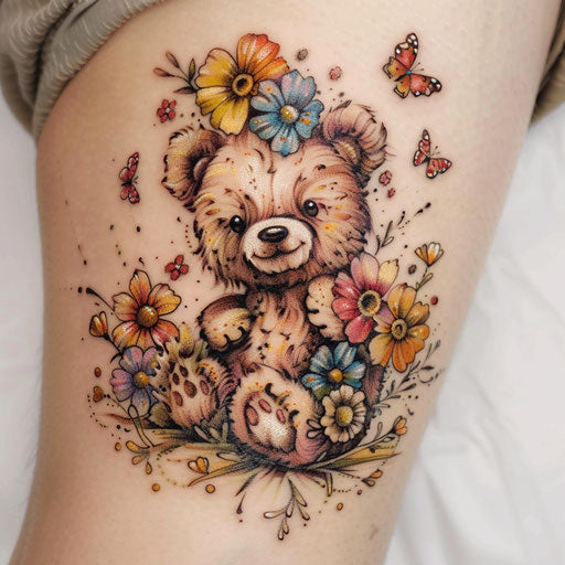 Teddy Bear Tattoo with Flowers and Butterflies