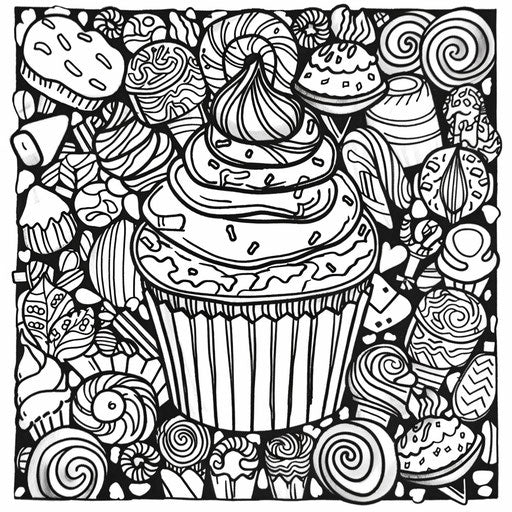 Cupcake surrounded by candy and sweets doodles. Coloring page