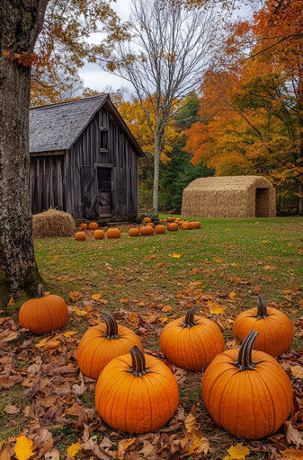 Rustic autumnal scene with pumpkins near an old wooden cottage