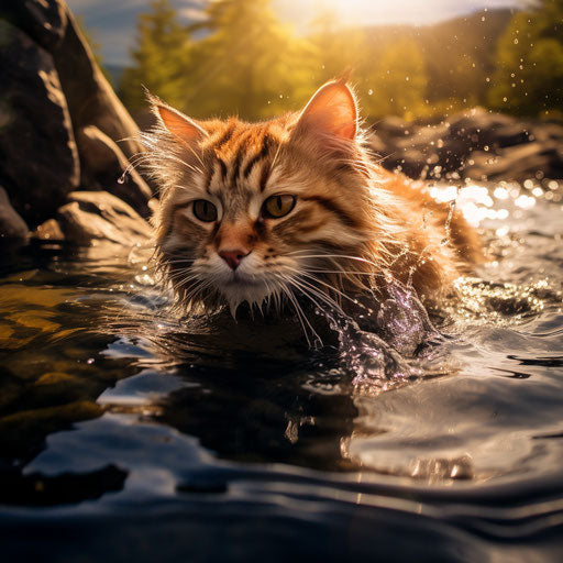 Manx cat swimming in a lake by the shore