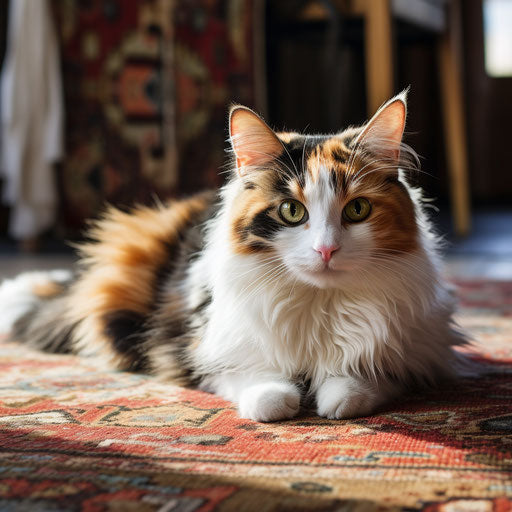 Calico cat lying on a carpet