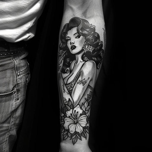 Men's forearm tattoo with pin-up girl, Ed Hardy style