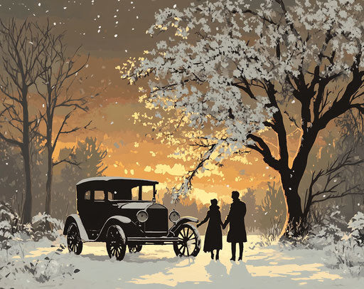 Winter scene of an old Ford Model T in the snow, two people walking away holding hands