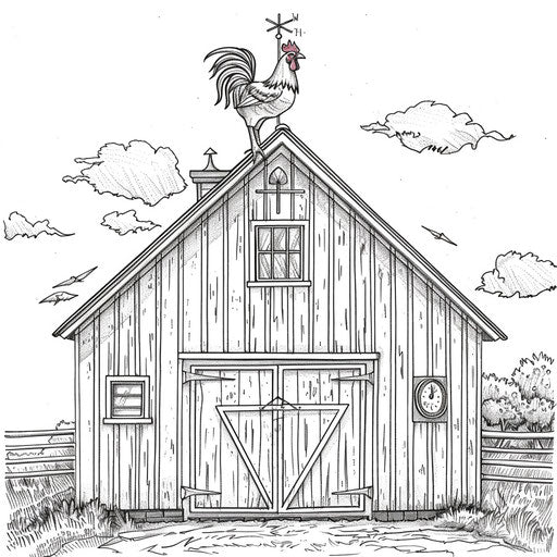 A whimsical barn with a rooster weather vane