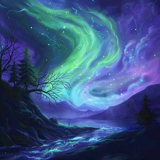Mystical tattoo sketch of green and purple aurora borealis