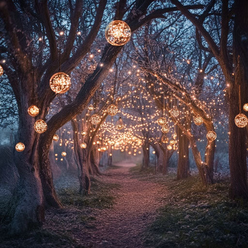 Whimsical winter forest adorned with lights and orbs