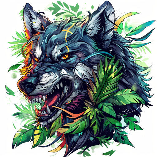 Exotic flat tattoo sketch of a werewolf with tribal markings and vibrant jungle greens