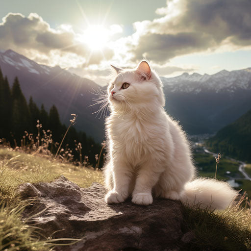 White cat sitting in front of mountain scenery