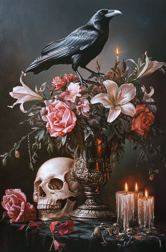 Gothic art, crow on skull, flowers and candles