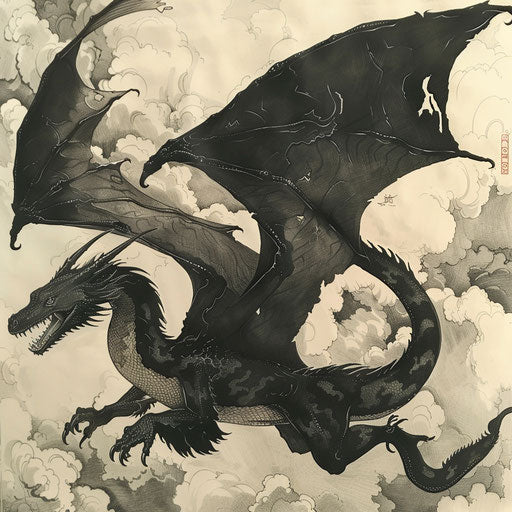Black dragon flying over stormy clouds