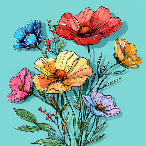 Spring flowers in realistic style on turquoise background