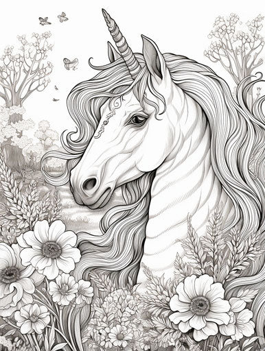 Unicorn horse coloring page in the garden
