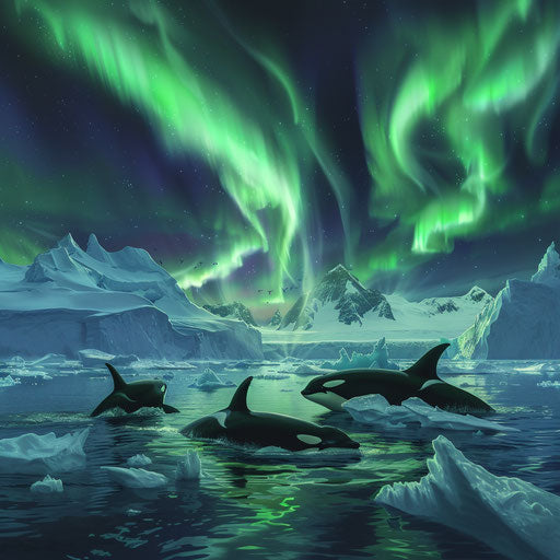 Celestial Glow on Arctic Killer Whales in Ice