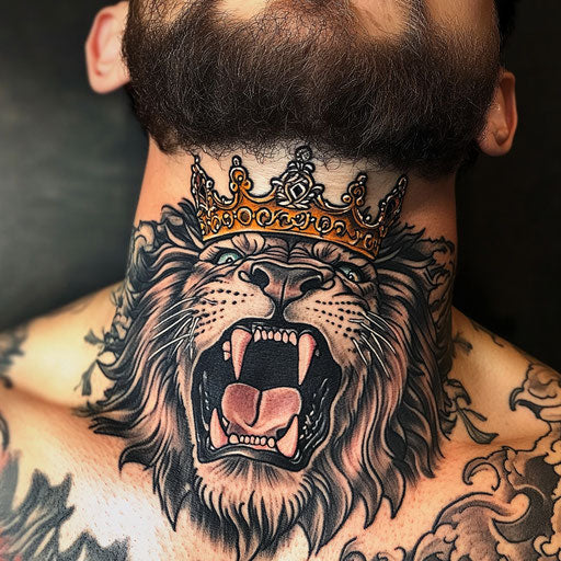 Throat tattoos for men with roaring lion and crown
